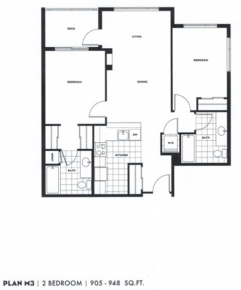Floor plan for 2 beds, 2 baths, 946 sqft